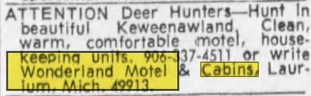 Wonderland Motel & Cabins - Oct 1971 Ad (newer photo)